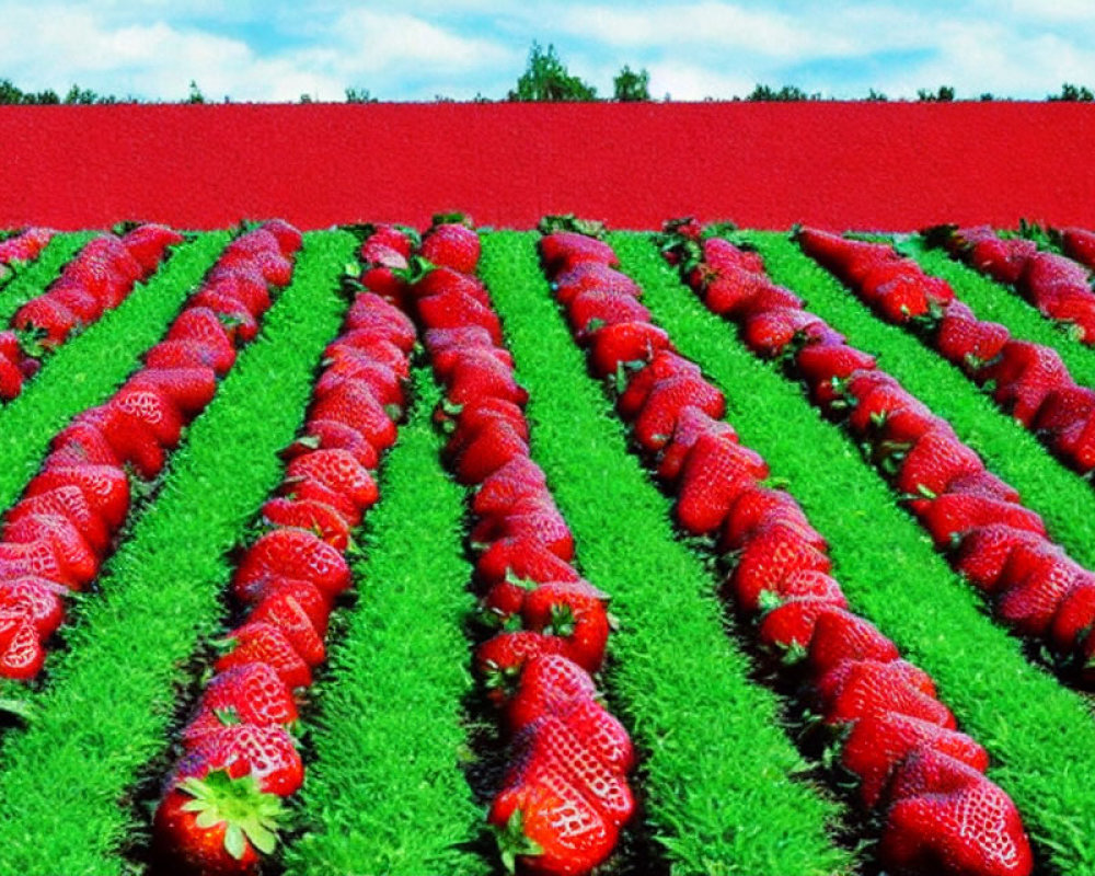 Vibrant strawberry plants in a field under a bright blue sky