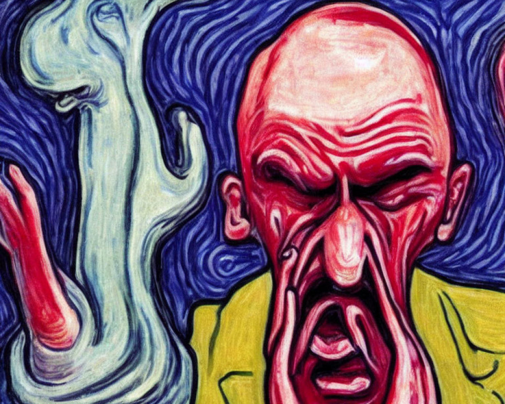 Abstract painting of screaming person with blue and white swirls, bold brushwork