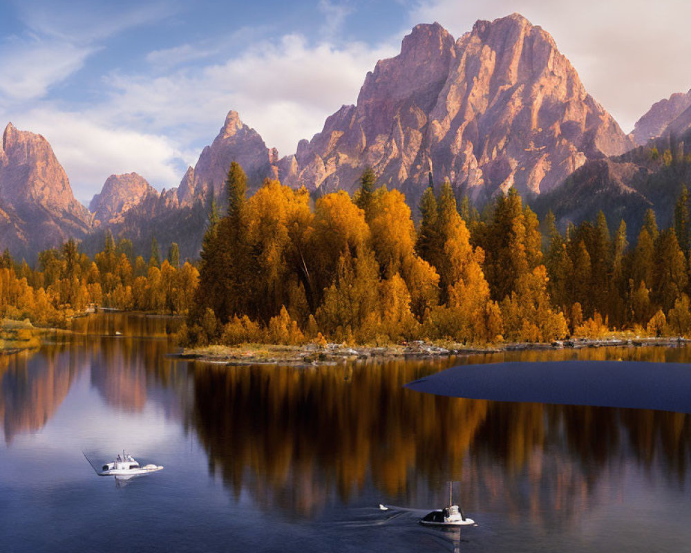 Golden Trees, Kayaks, Lake, Mountains: Autumn Scenery