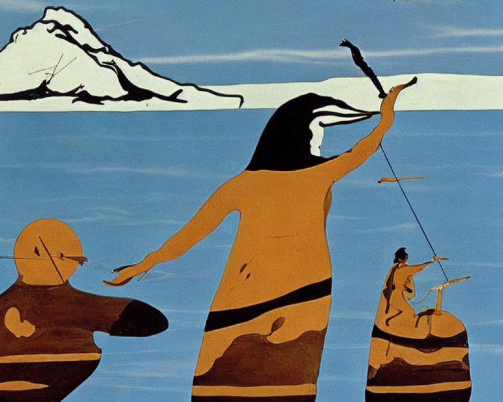 Illustration of two individuals fishing on boats with mountain backdrop