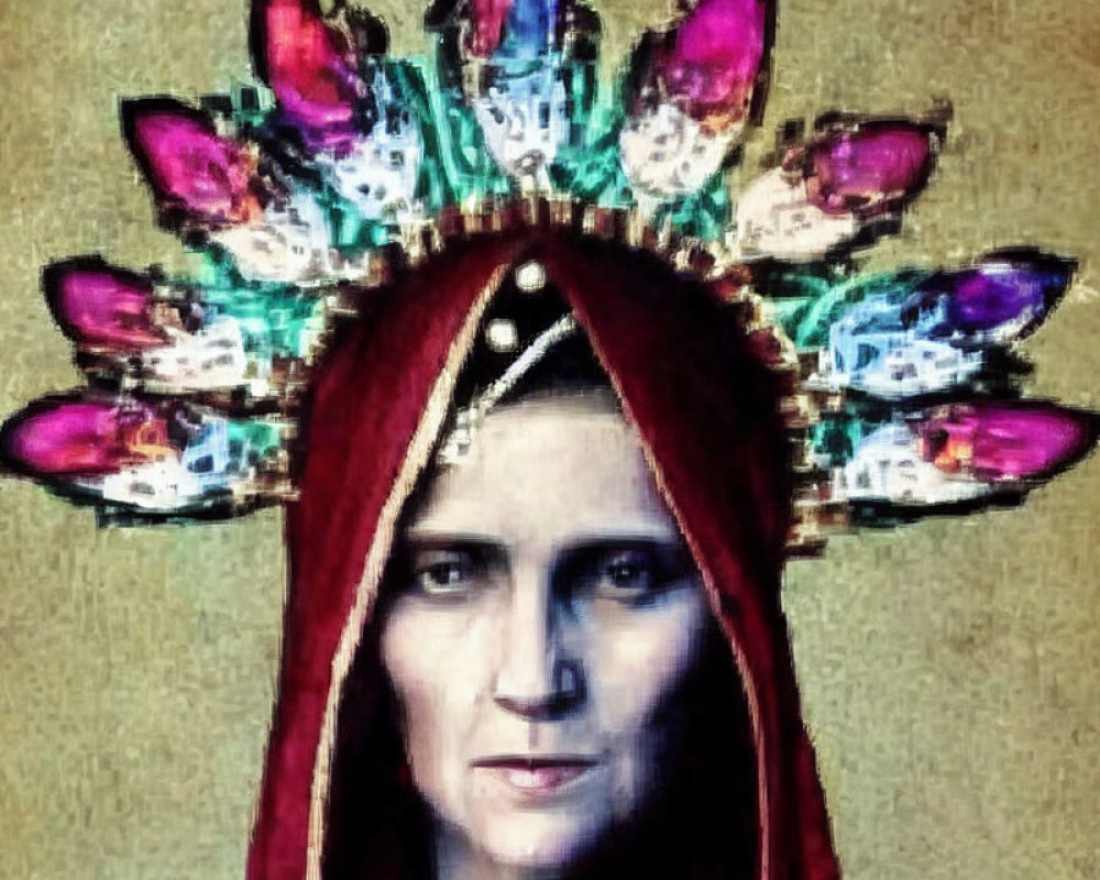 Digitally altered image of person in red cloak with ornate crown