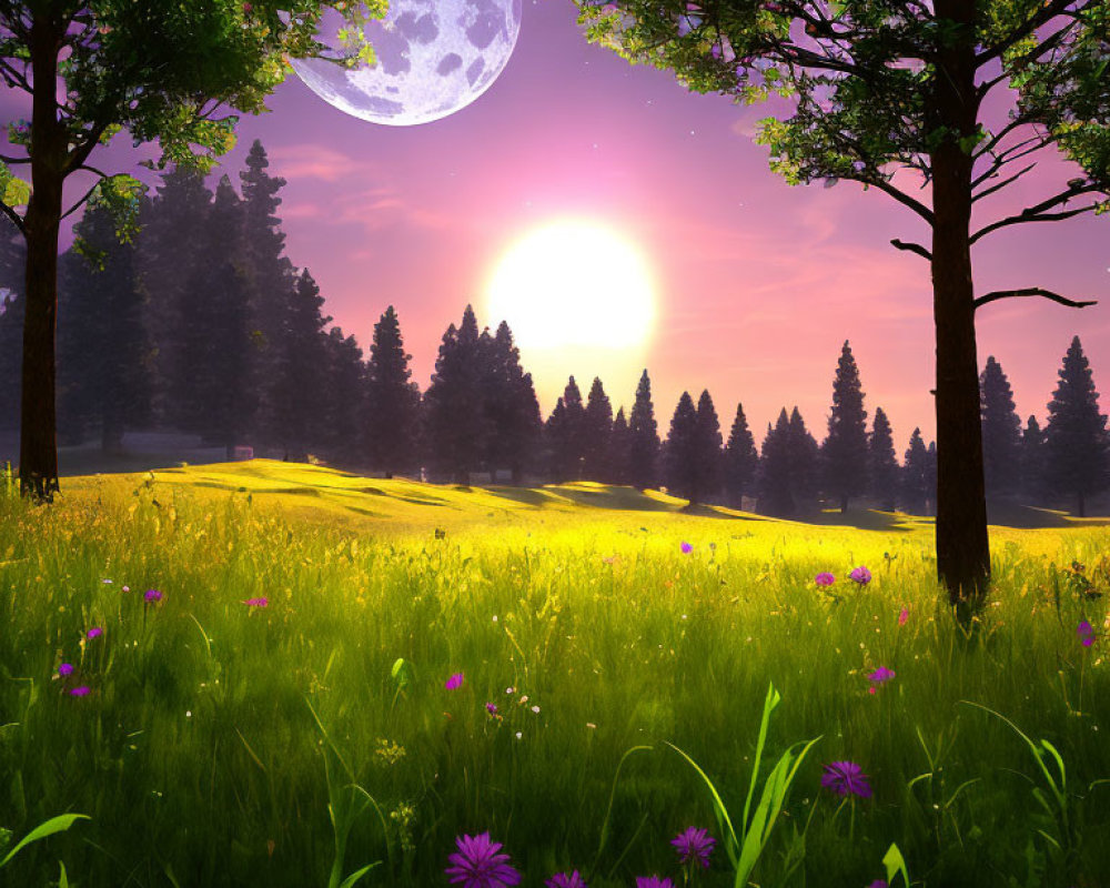 Tranquil Twilight Scene: Large Moon, Setting Sun, Green Grass, Purple Flowers, Trees