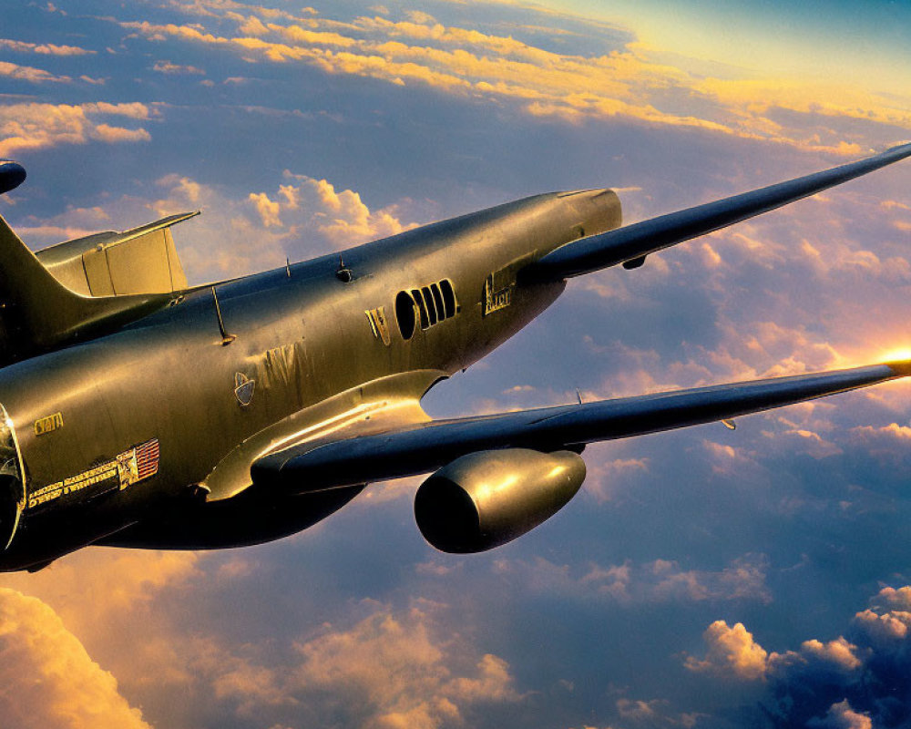 Military Aircraft Flying High in Sunset Sky with Clouds below