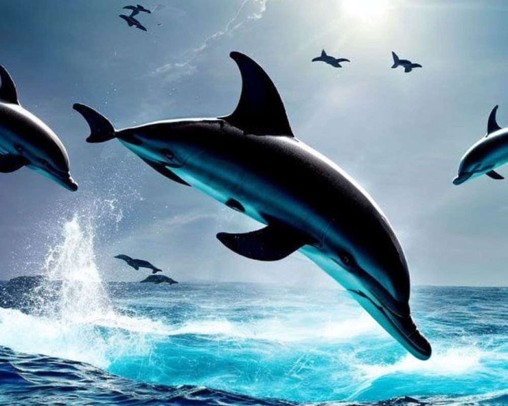 Dolphins Jumping Above Ocean with Birds in Sunny Sky