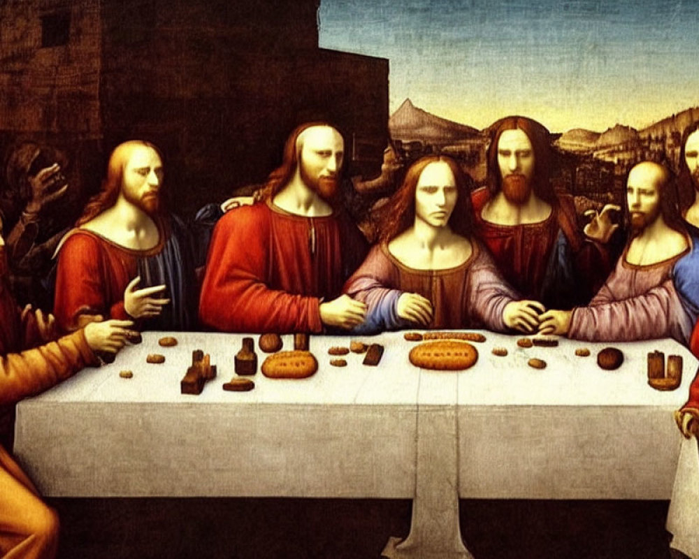 Religious painting of Last Supper with Jesus and apostles at table