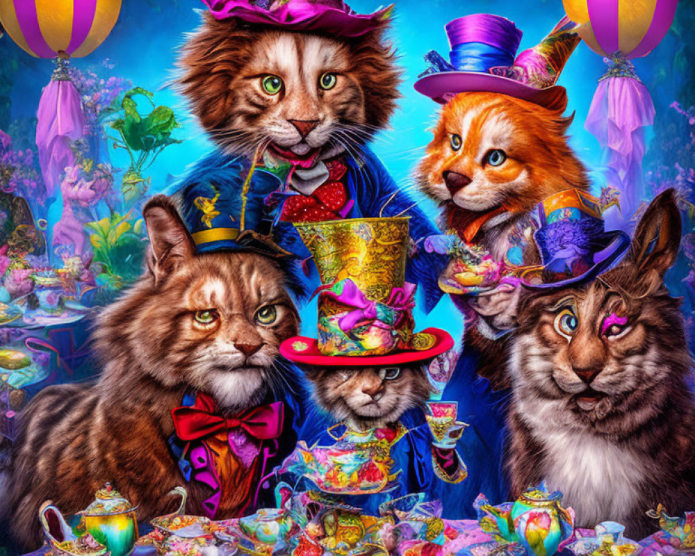 Four Cats in Alice in Wonderland-themed Outfits Tea Party