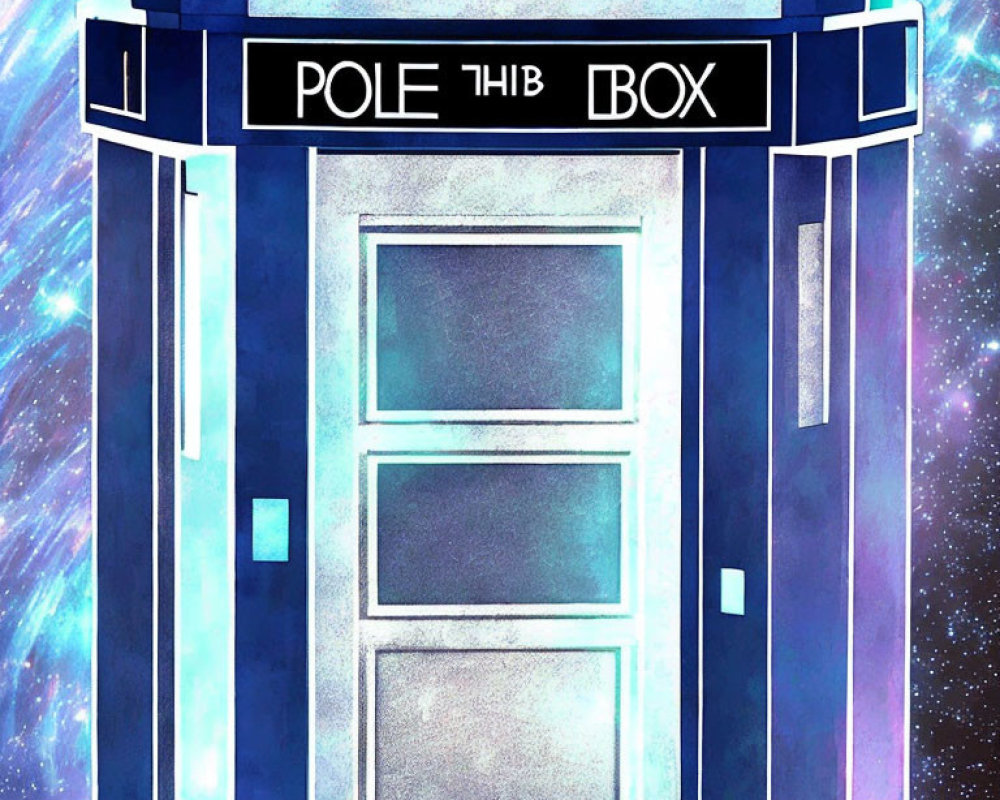 Blue police box illustration on cosmic background