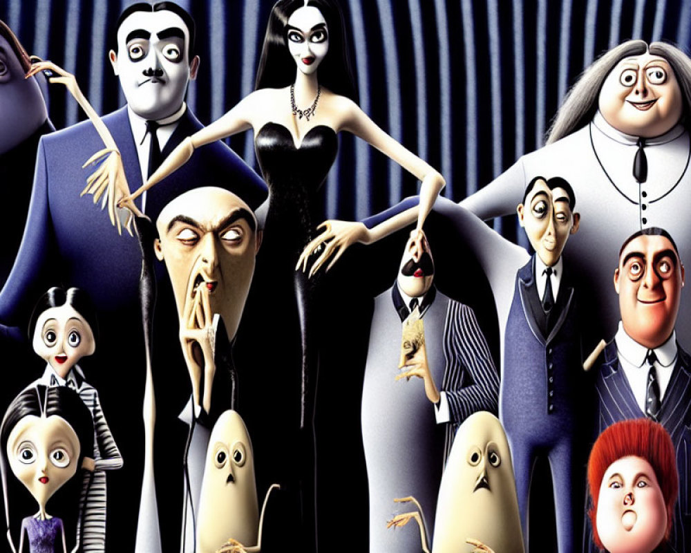 Quirky Gothic-Style Animated Characters in a Family Film