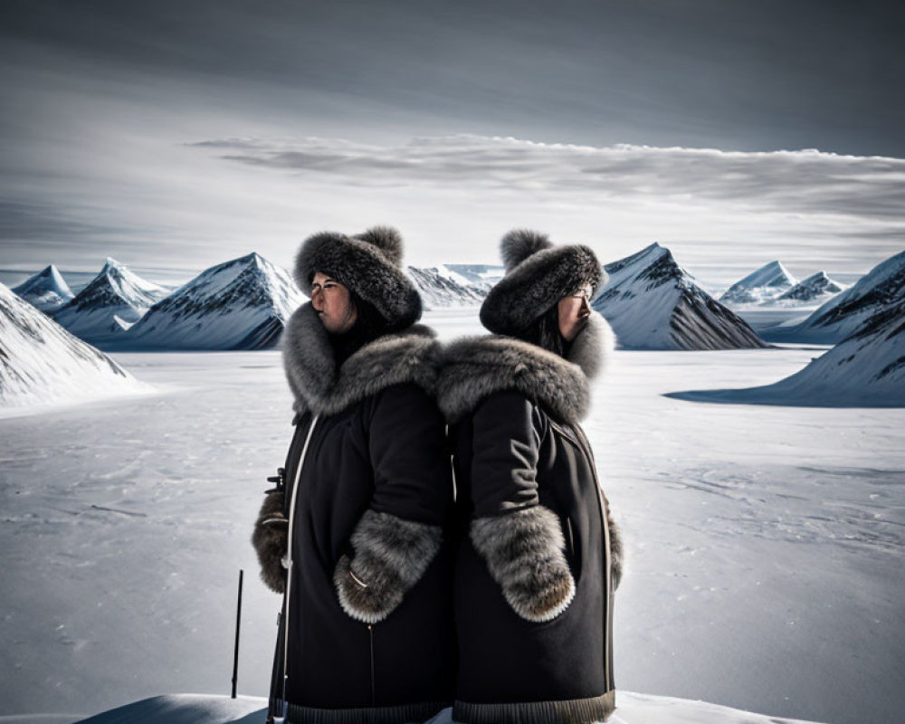 Two individuals in fur-lined parkas stand back-to-back in snowy landscape.