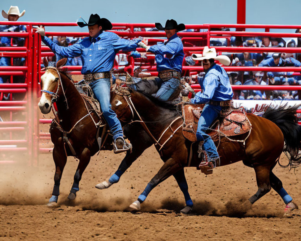 Cowboys on horses in rodeo arena with blue shirts and cowboy hats.