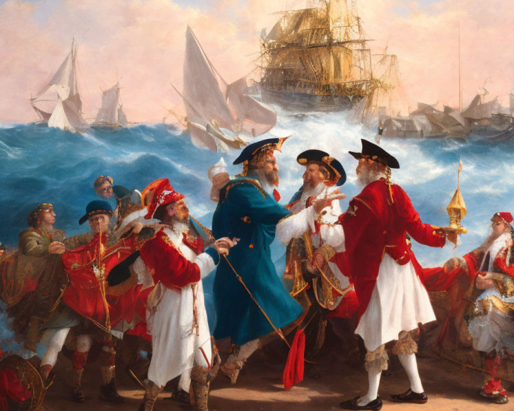 Historic maritime painting: Elaborately dressed men on ship exchanging ceremony with sailing vessels in background