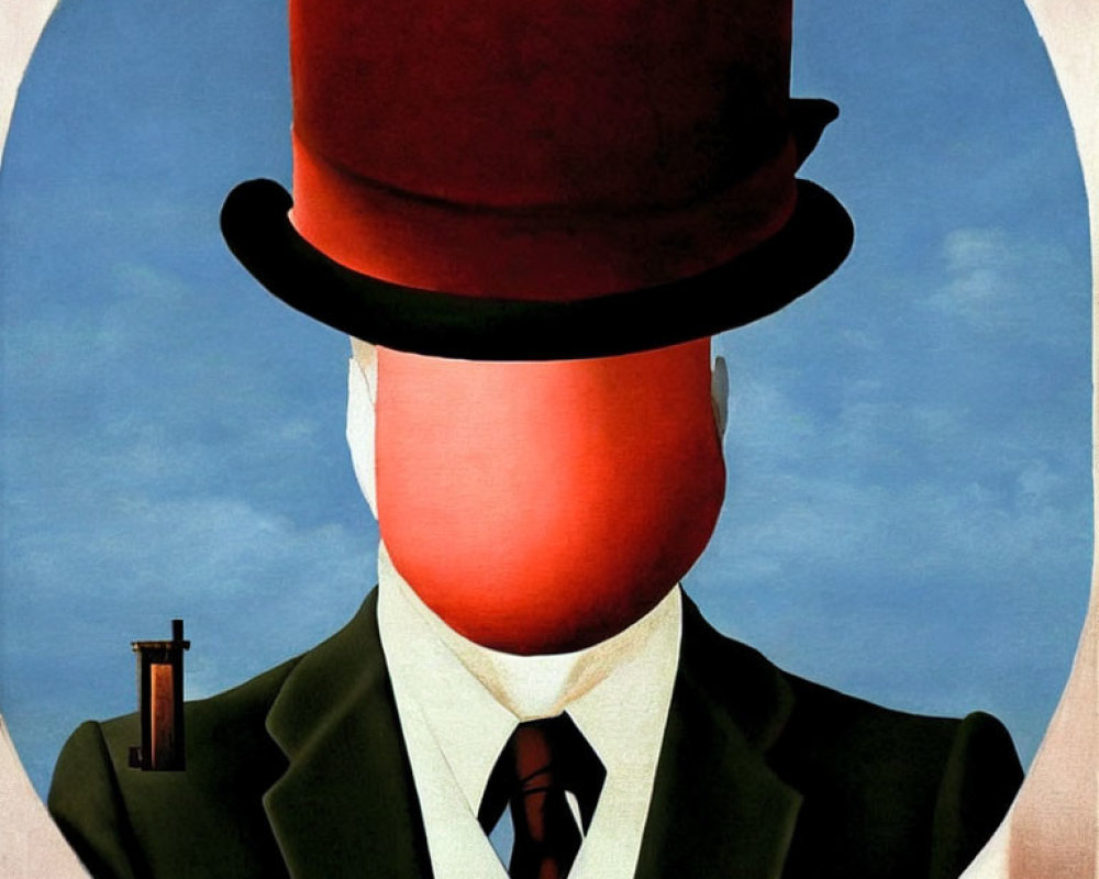 Surreal painting: man in suit with apple face, green suit, red tie, bowler