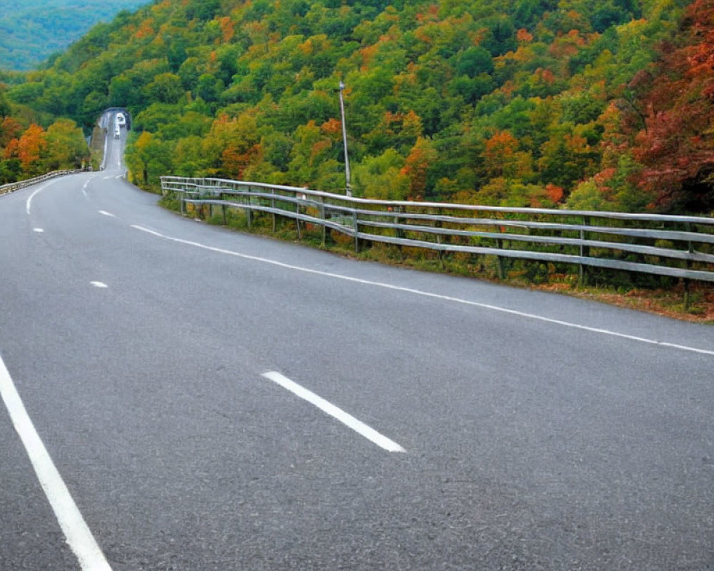 Winding Road with White Lines and Guardrails in Autumn Forest