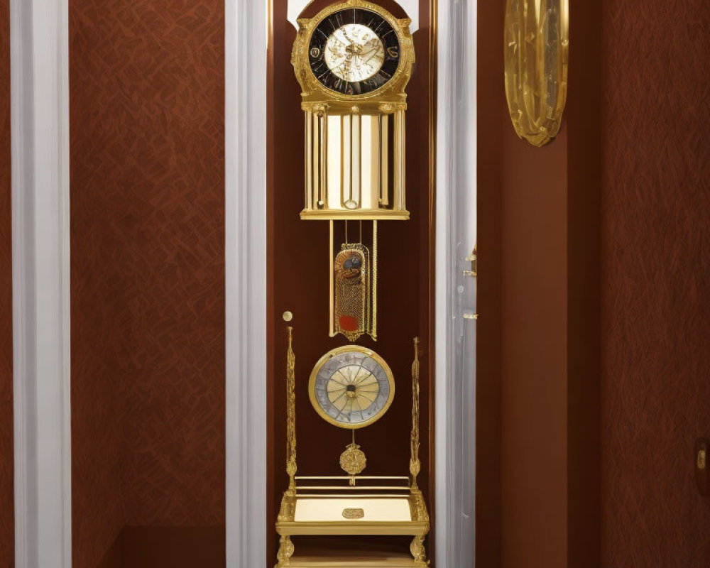 Golden grandfather clock with pendulum and roman numerals near oval mirror on brown wall