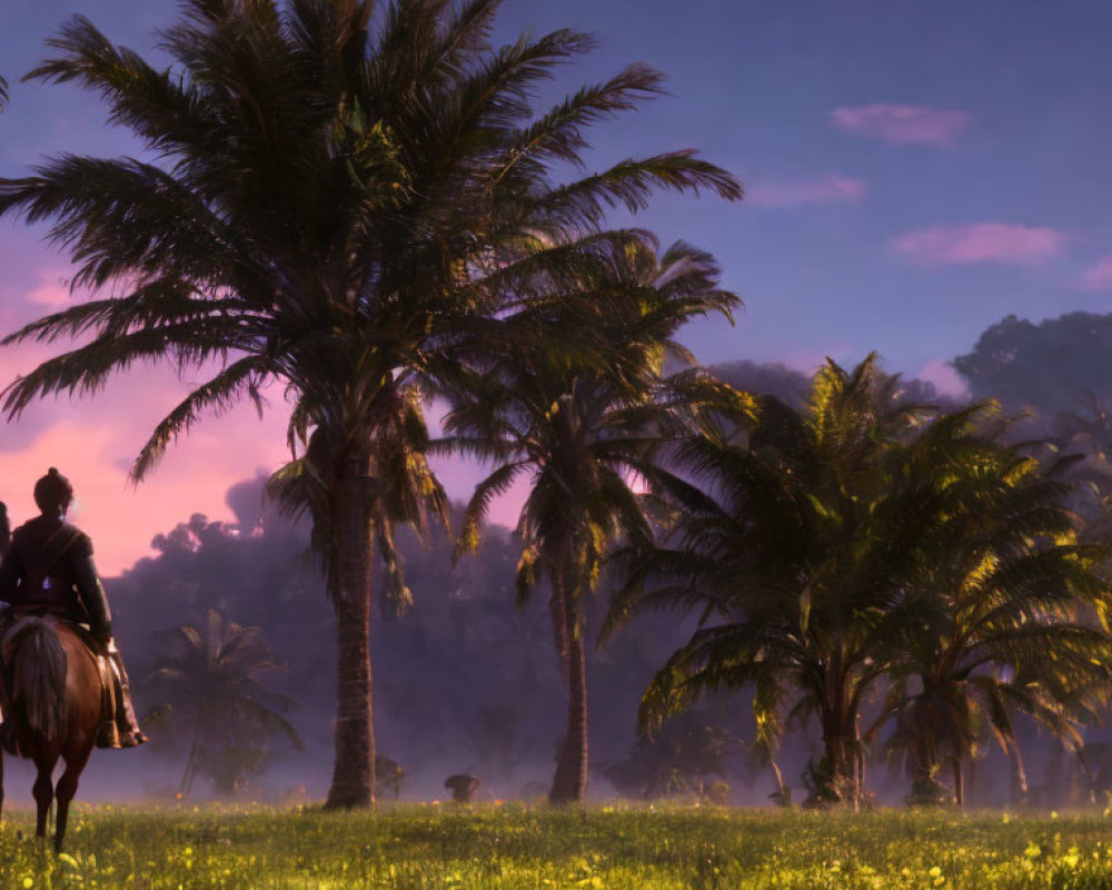 Equestrian scene in tranquil field at dusk with palm trees and small animal