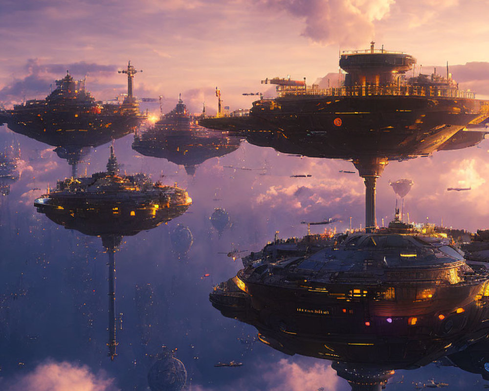 Futuristic cityscape with floating structures in golden sunset light