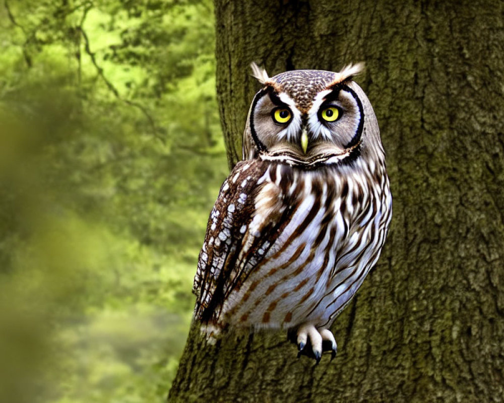 Striped owl with yellow eyes on tree trunk in green forest