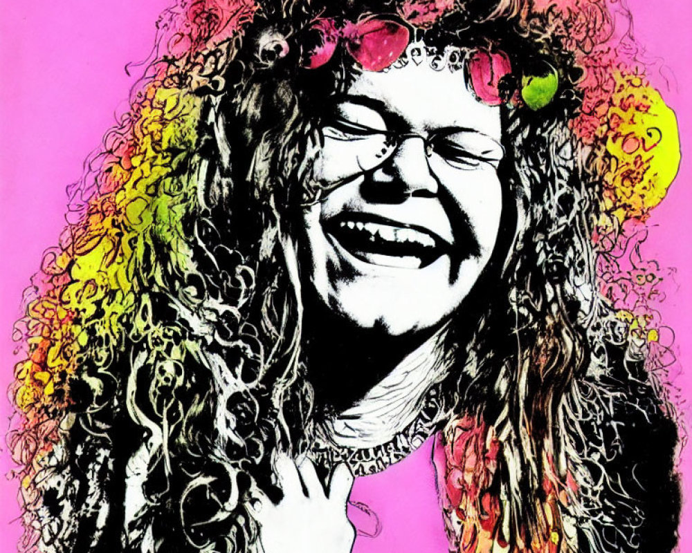 Colorful portrait of smiling person with curly hair and pink sunglasses on pink background