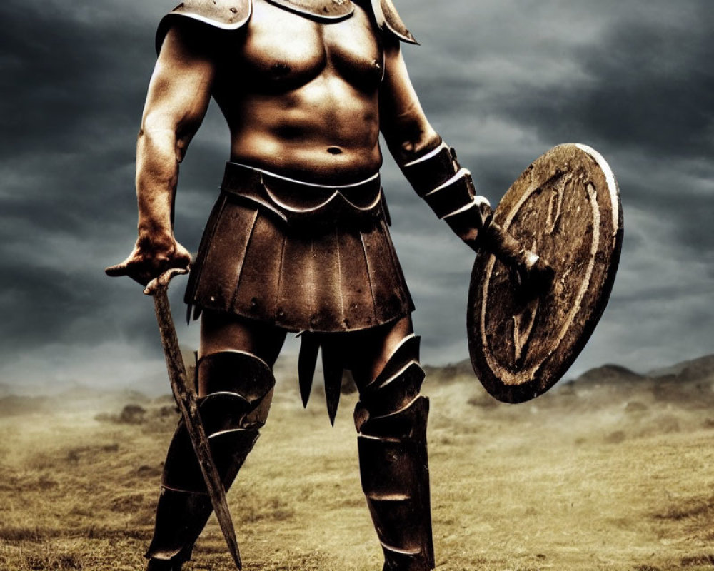 Muscular warrior in ancient armor with sword and shield under cloudy sky