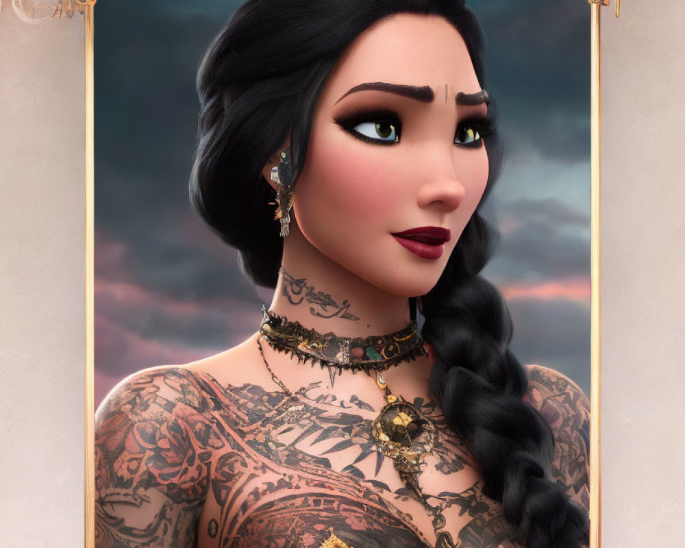 Stylized animated portrait of woman with braided black hair, dark lipstick, tattoos, and orn