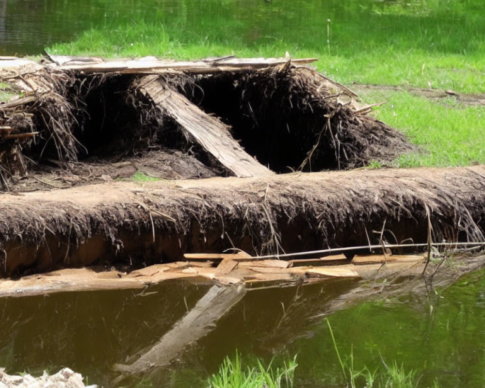 Fallen tree with exposed roots over water, depicting natural disruption