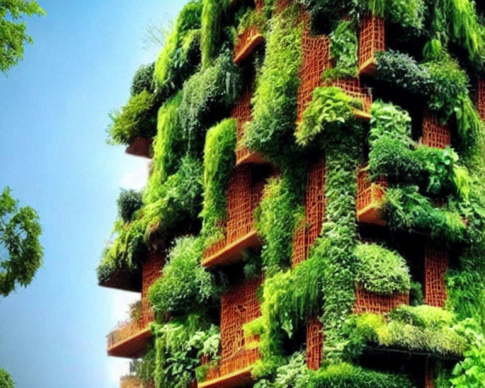 Urban architecture enhanced by lush green vertical gardens under a clear blue sky