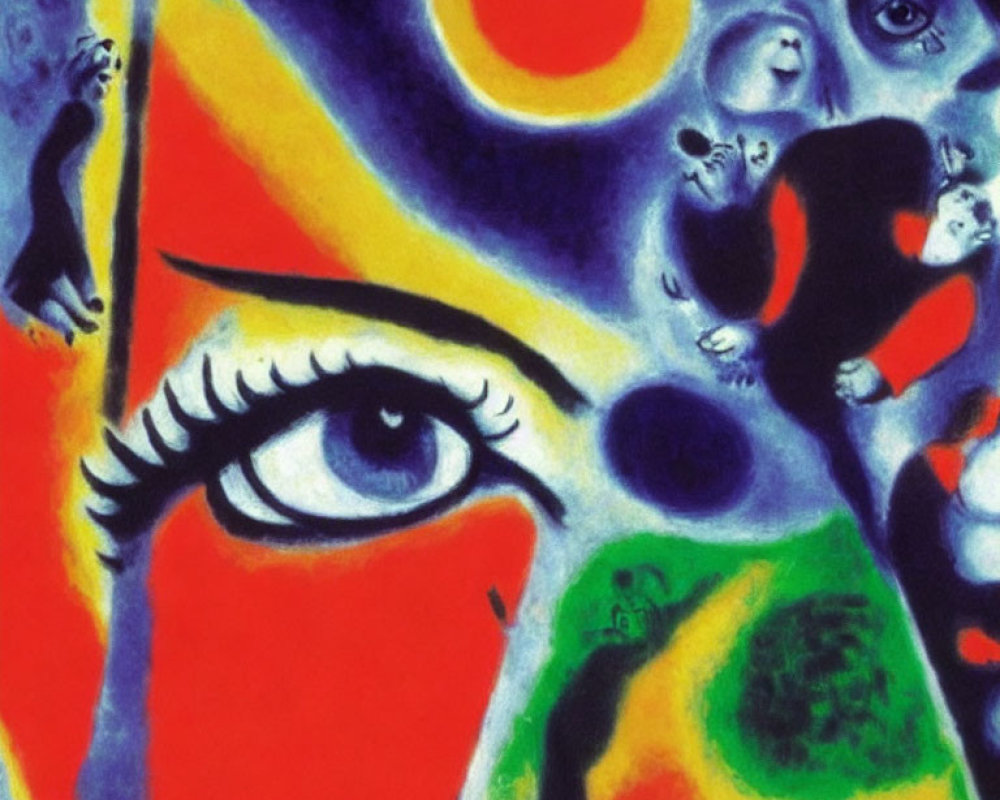 Vibrant Abstract Painting: Eye, Sun, and Surreal Figures