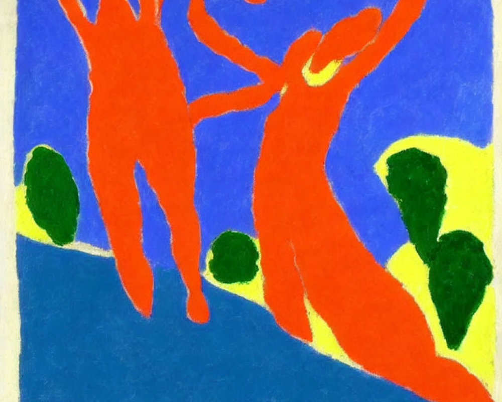 Abstract art: Two red figures dancing on blue background with green tree-like shapes