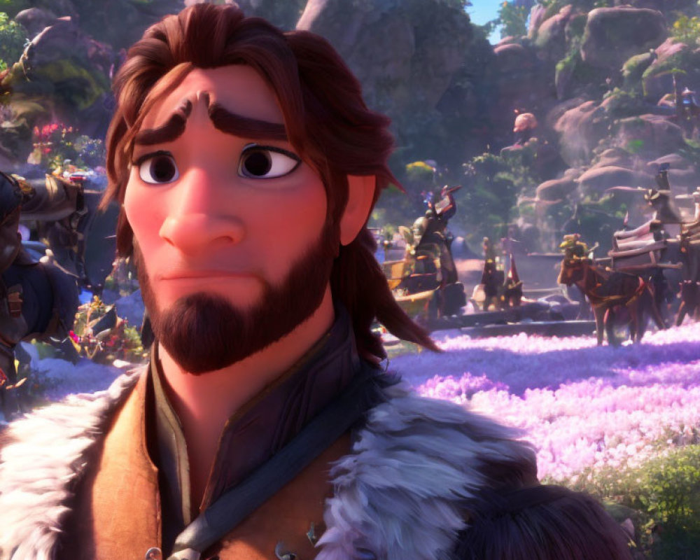 Brown-haired and bearded animated character in fantasy setting with soldiers and purple flowers.