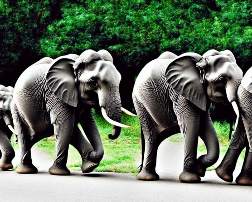 Grey elephants walking in line through lush green foliage