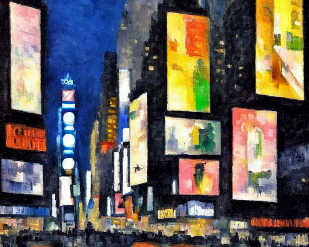 Vibrant impressionist cityscape painting with billboards and taxis