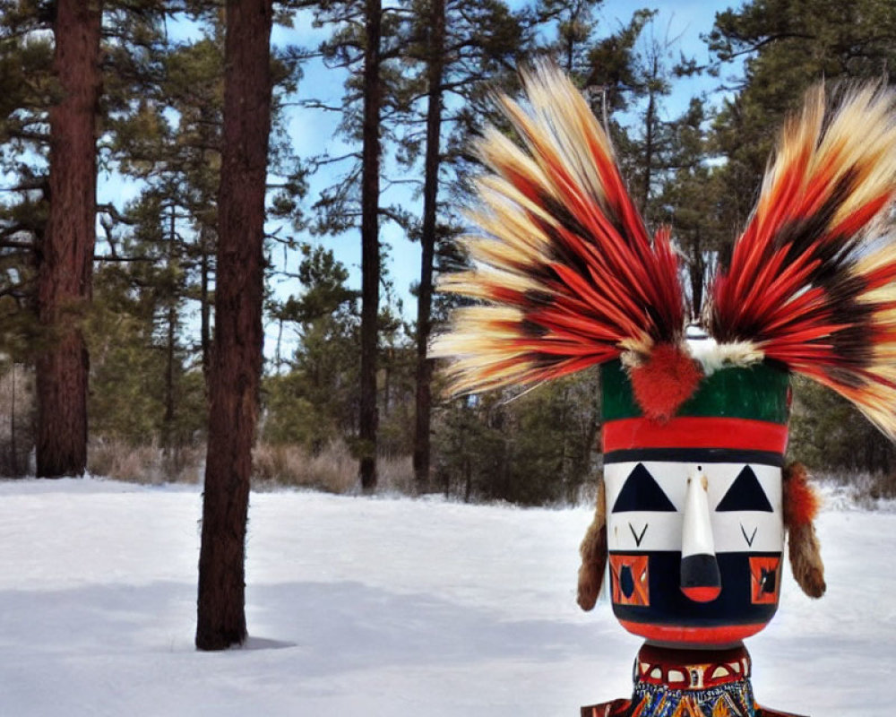 Vibrant tribal mask with feather headdress in snowy forest landscape