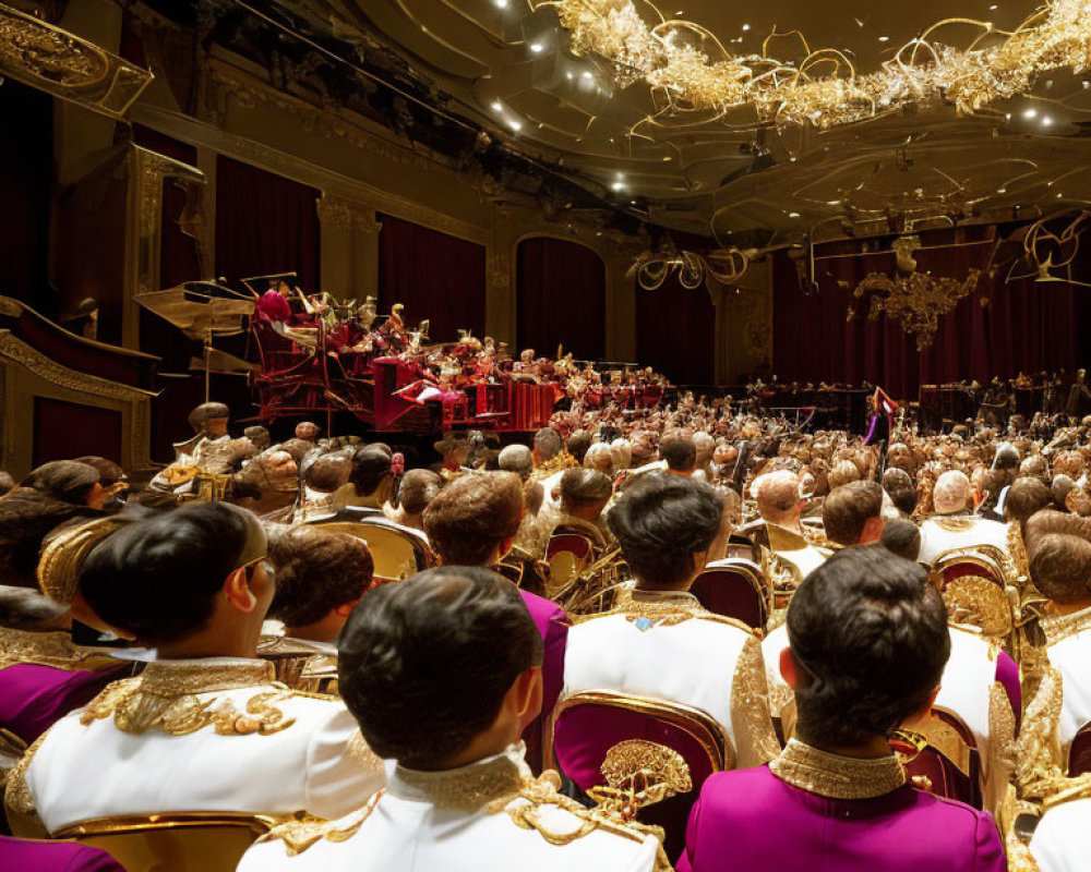 Formal audience watches orchestra in opulent theater.