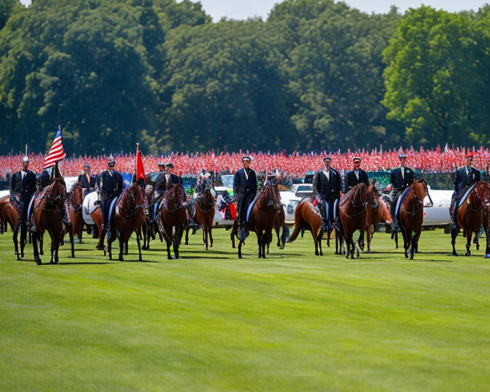 Horseback riders with flags lead event on lush green field