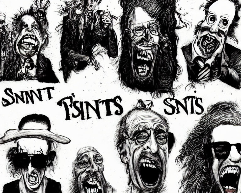 Illustration of eight exaggerated caricature faces with "SINITS" in distorted styles