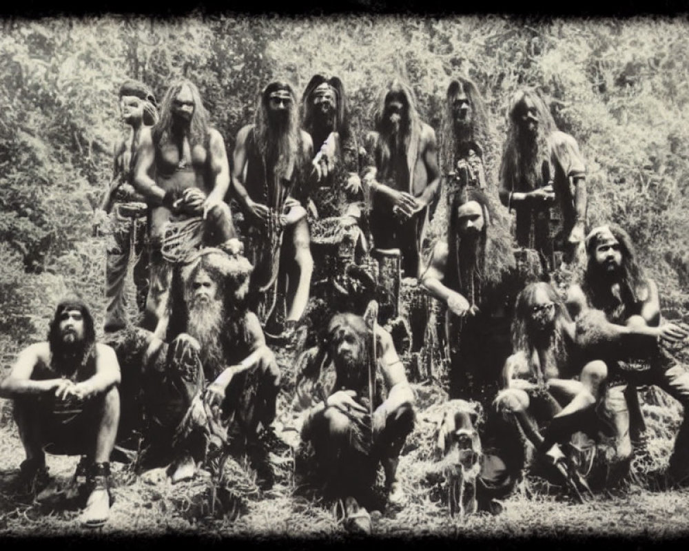 Sepia-Tone Photo of Primitive Warriors in Forest Setting