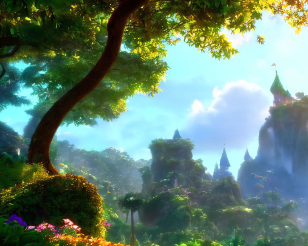 Vibrant Flora and Curved Tree in Lush Forest with Fantasy Castles on Distant