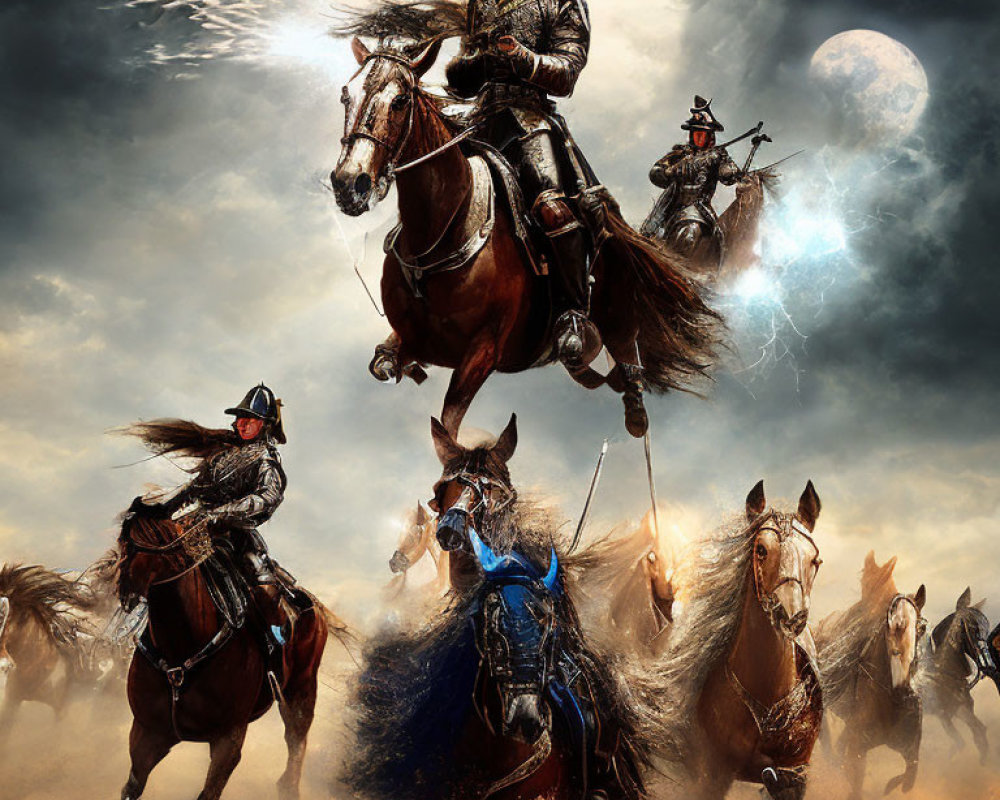 Armored knights on horseback in dramatic battlefield under stormy sky