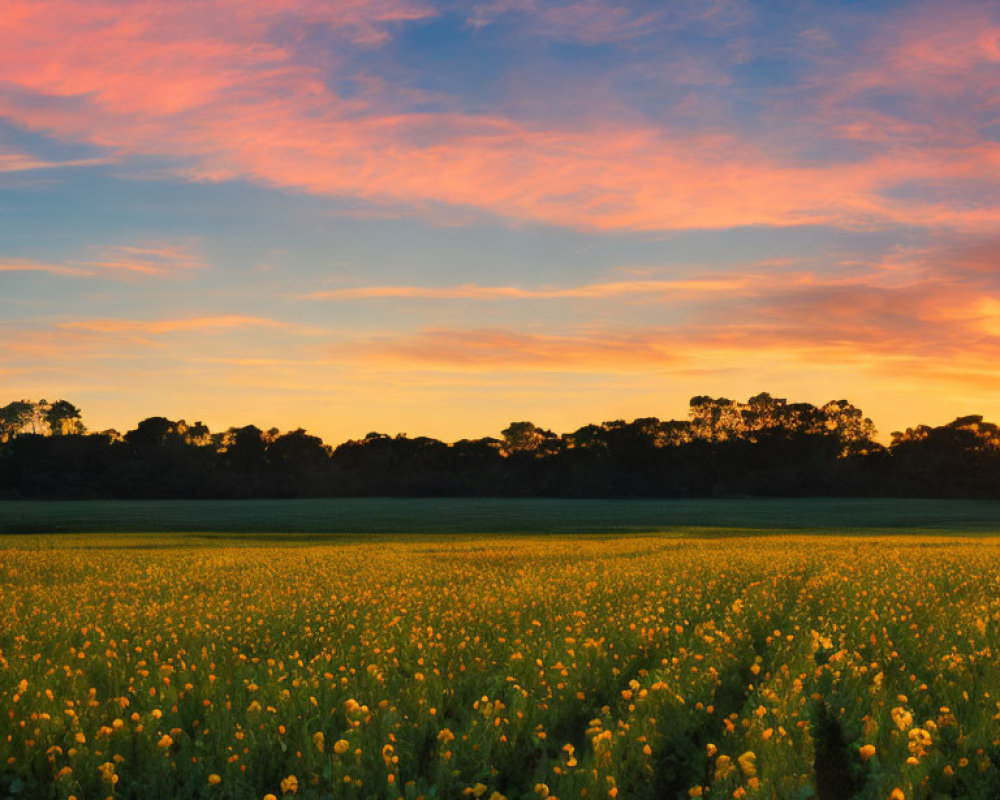 Vibrant sunrise over yellow flower field and trees