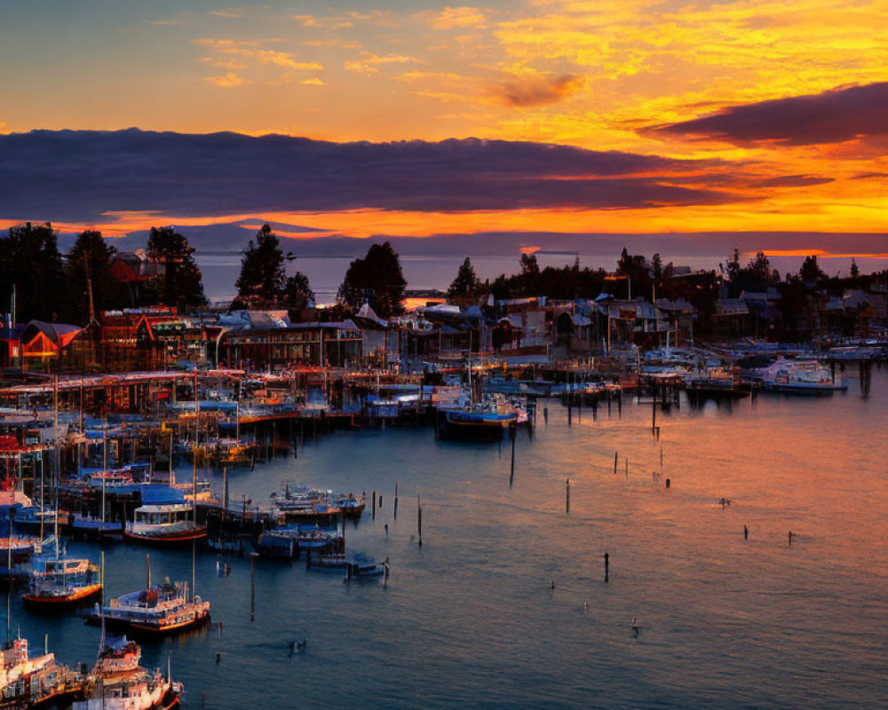 Picturesque harbor at sunset with boats and illuminated buildings