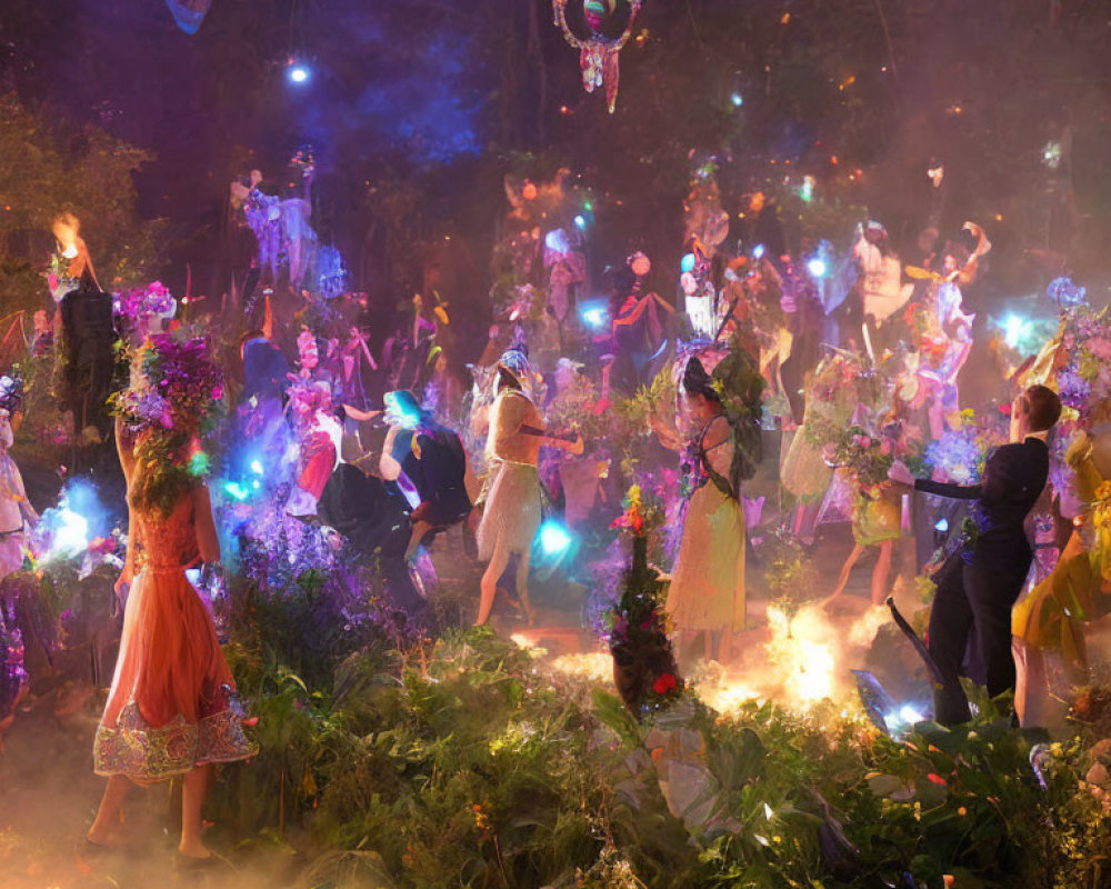 Colorful Costumed People Dancing Outdoors at Night among Enchanting Lights