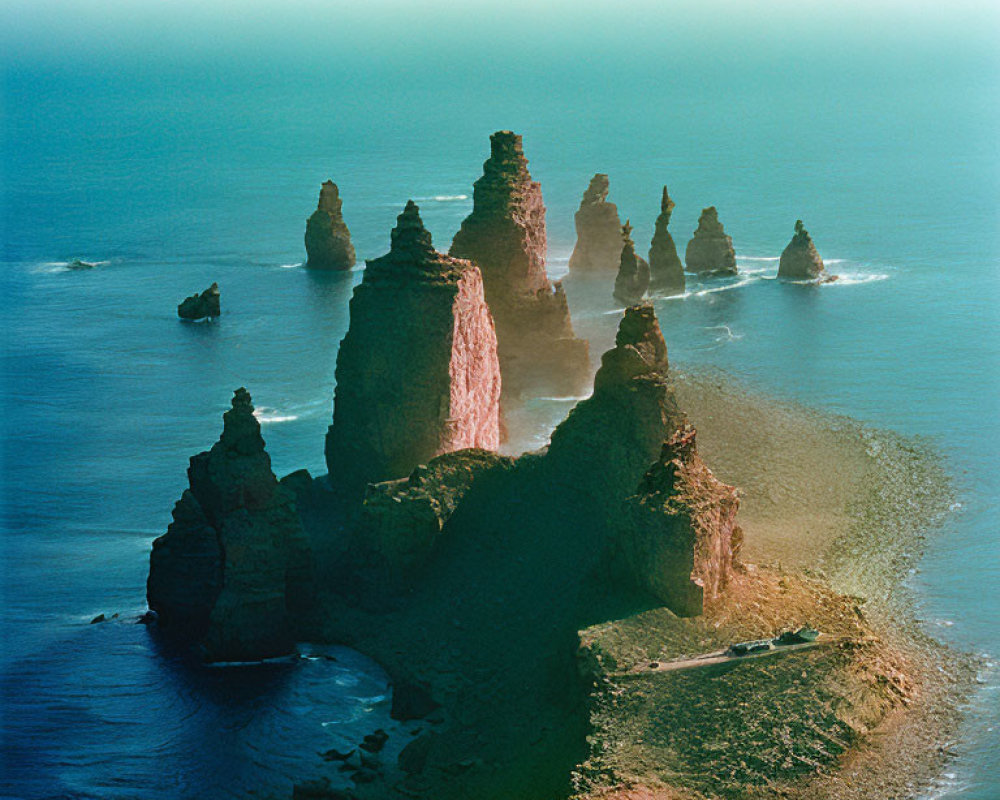 Rugged coastline with towering sea stacks and parked vehicle by the shore