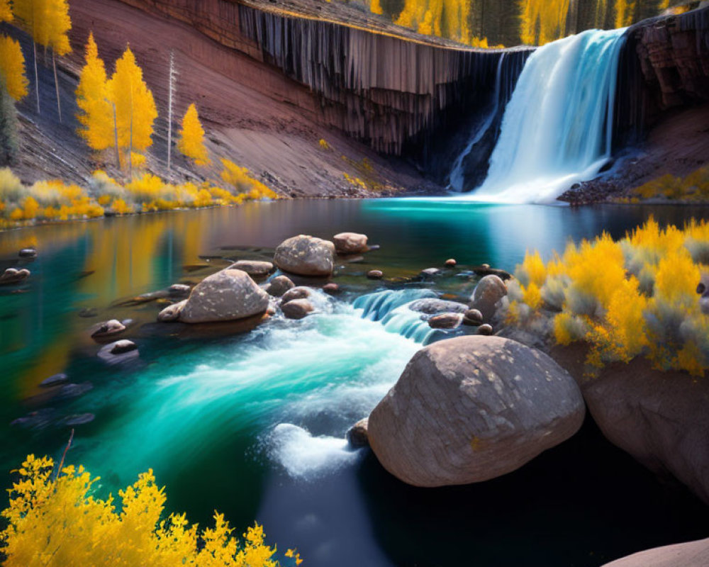 Autumn waterfall surrounded by turquoise water and forest trees