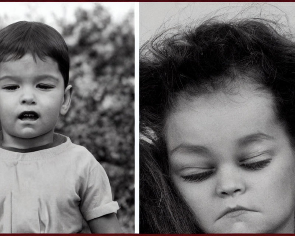 Split black and white image of young boy and girl in different poses