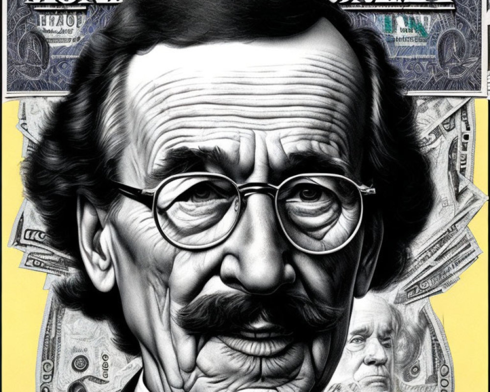 Illustration of man with glasses and large nose among US dollar bills