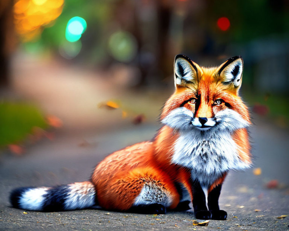 Red Fox Sitting on Paved Path with Autumn Leaves and Bokeh Lights