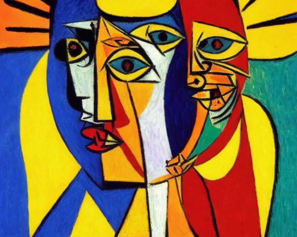 Vibrant Cubist-style artwork of a woman with abstract facial features and multiple eyes in yellow,