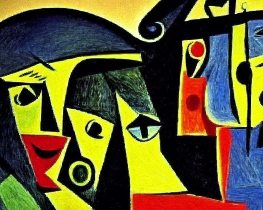 Vibrant abstract painting with geometric human-like figures in yellow, black, blue, and red