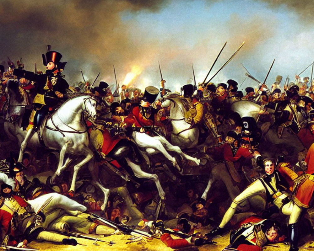 Napoleonic battle painting: Soldiers on horses clash in chaotic scene