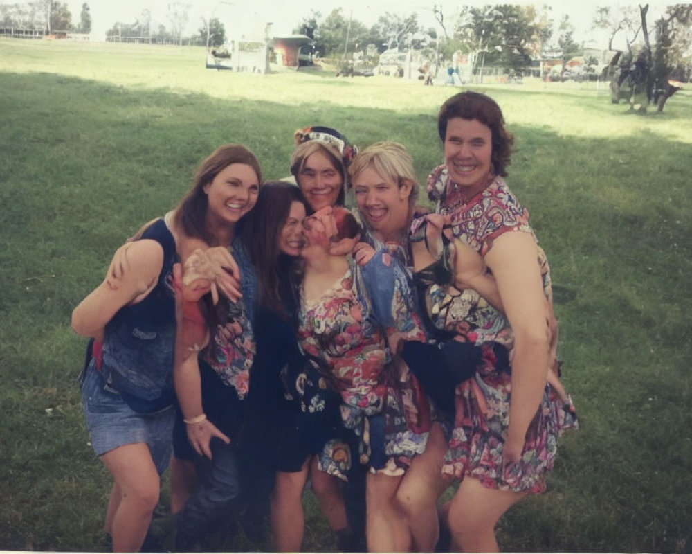 Five friends posing playfully in summer outfits on grassy field